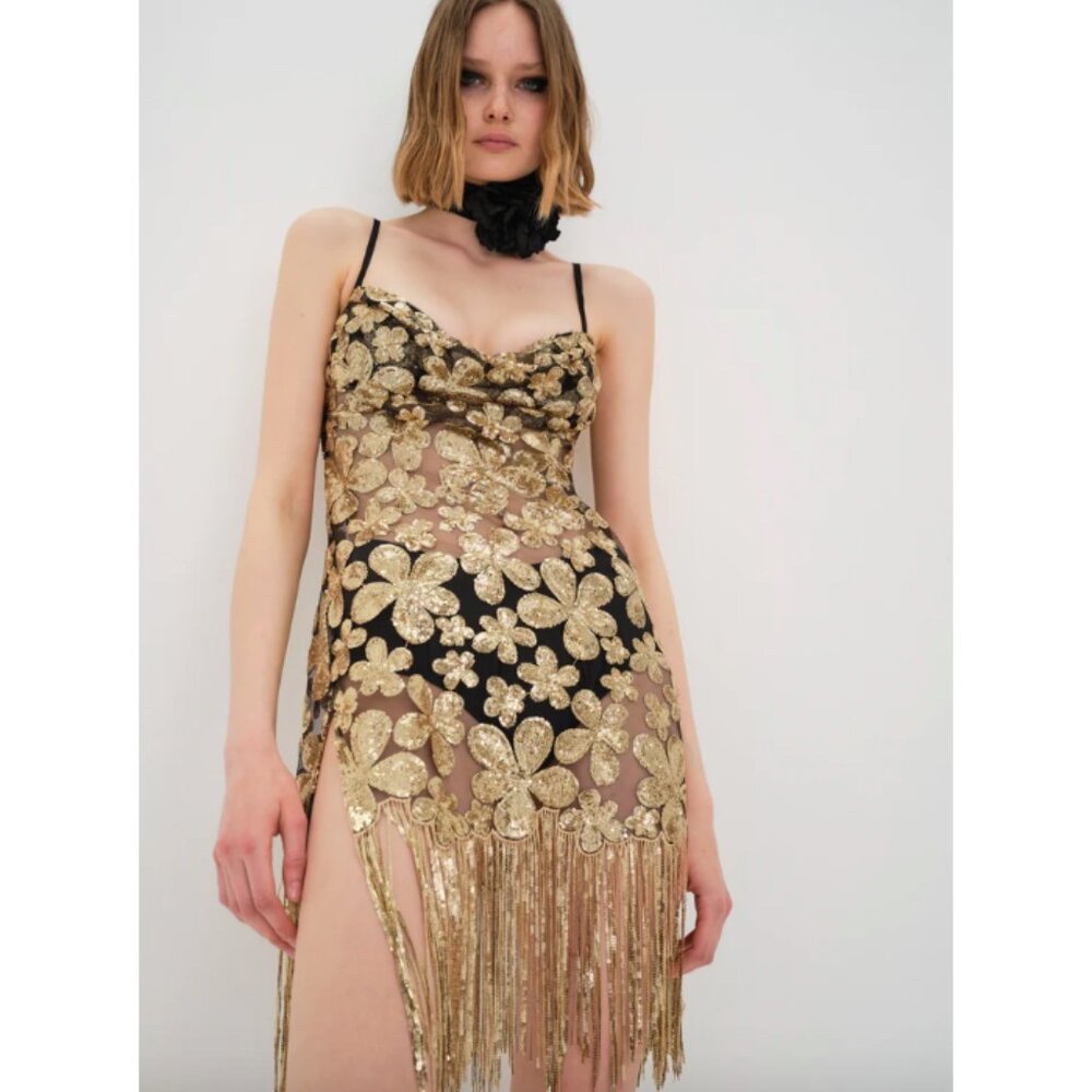 For Love And Lemons gold black sheer glitter sequin fringe Colette mini dress
